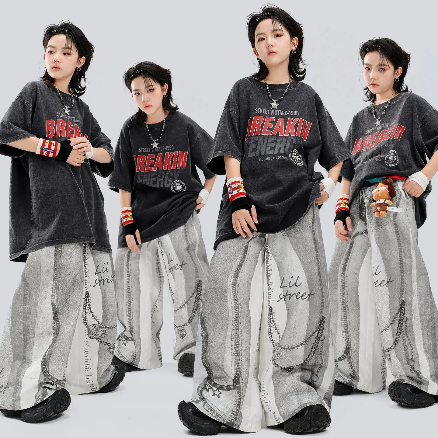 Boys & Girls Hip‑Hop Dance Costume Kids K‑pop Polo Top Graffiti Contrast Color Pants Set Children Jazz Street Show Wear Outfit