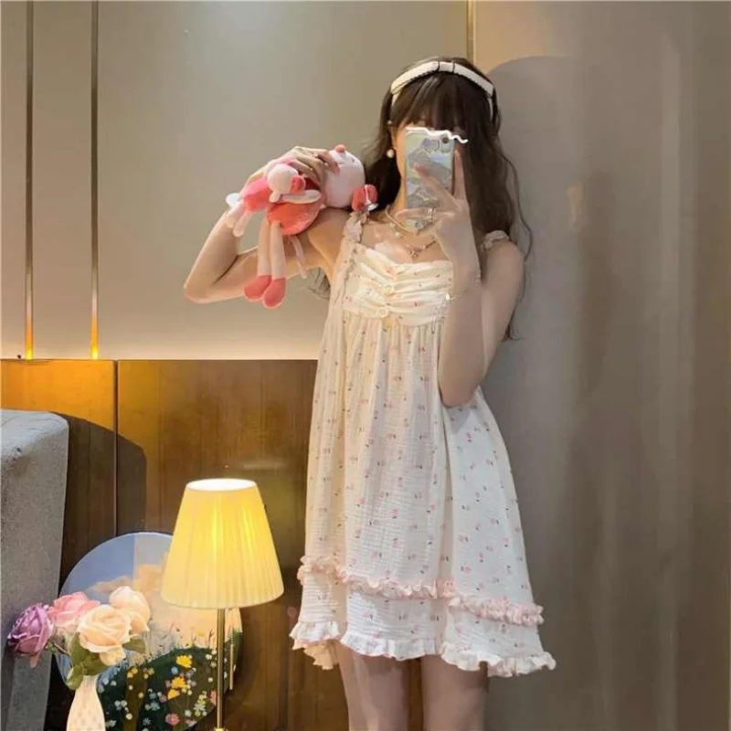 Nightgowns Women Summer Printed Leisure Sexy Sweet Folds Vintage Sleepwear Ladies Aesthetic Ins Popular All-match Home Lounge