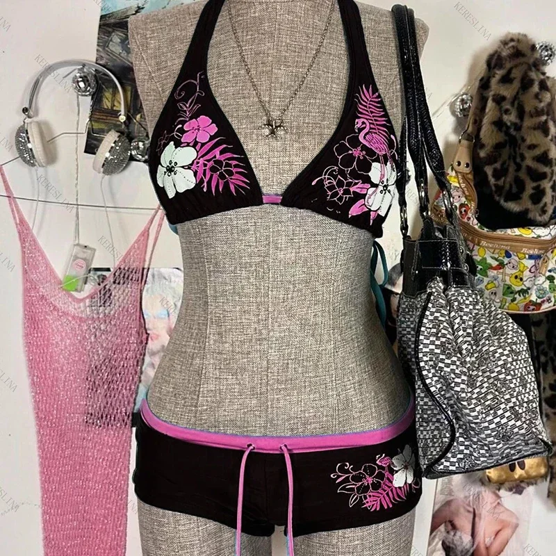 

Y2k Vintage Flower Pattern Bikini Set Swimsuit Women Halter Triangle Lace Up Shorts Sexy Bikini 2025 New Chic Split Bathing Suit