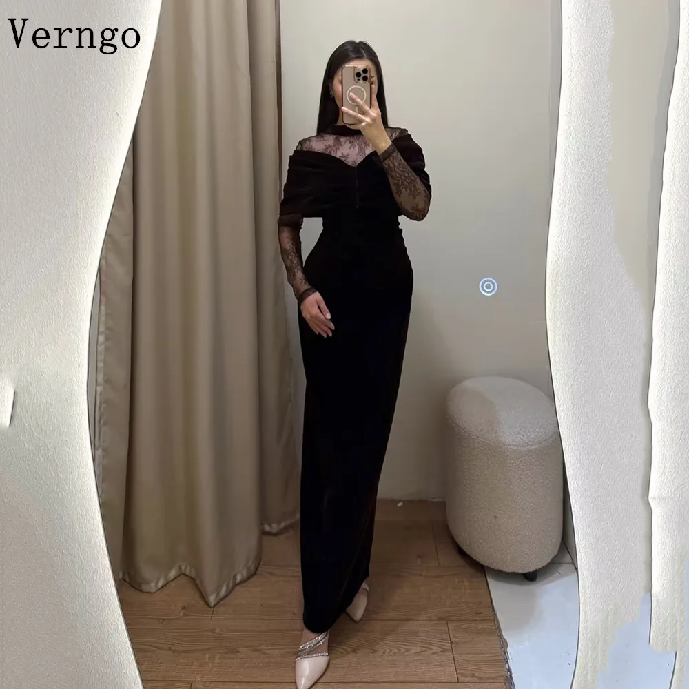 

Verngo Elegant Black Velvet Mermaid Evening Dress High Neck Full Sleeves Maxi Prom Gowns Women Simple Party Dress Customized