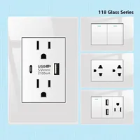 US Wall Switch Power Socket with USB Type-c Quick Charger,American Mexico White Tempered Glass Plug Outlet,Light Switch Panel