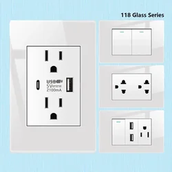 US Wall Switch Power Socket with USB Type-c Quick Charger,American Mexico White Tempered Glass Plug Outlet,Light Switch Panel