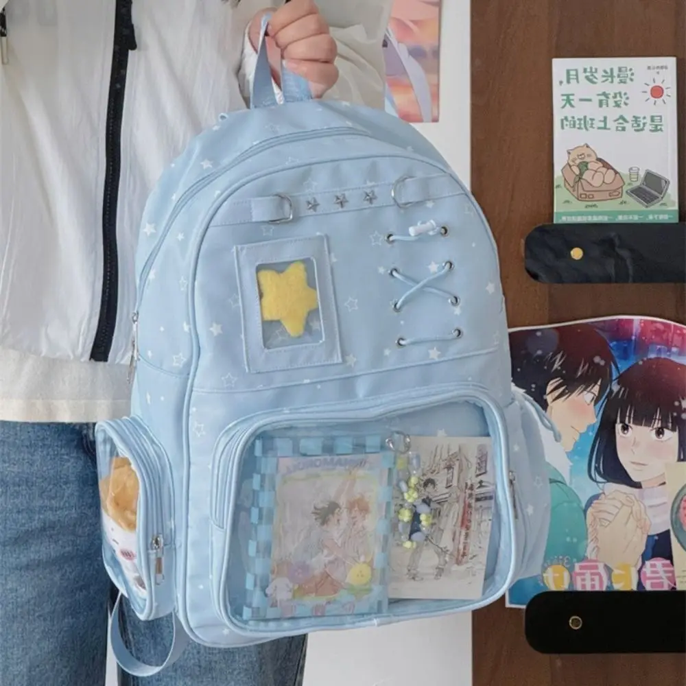 Cute Transparent Star Print Backpack Lolita Y2K Student School Bag Printed Multiple Pockets Rucksack Outdoor Use