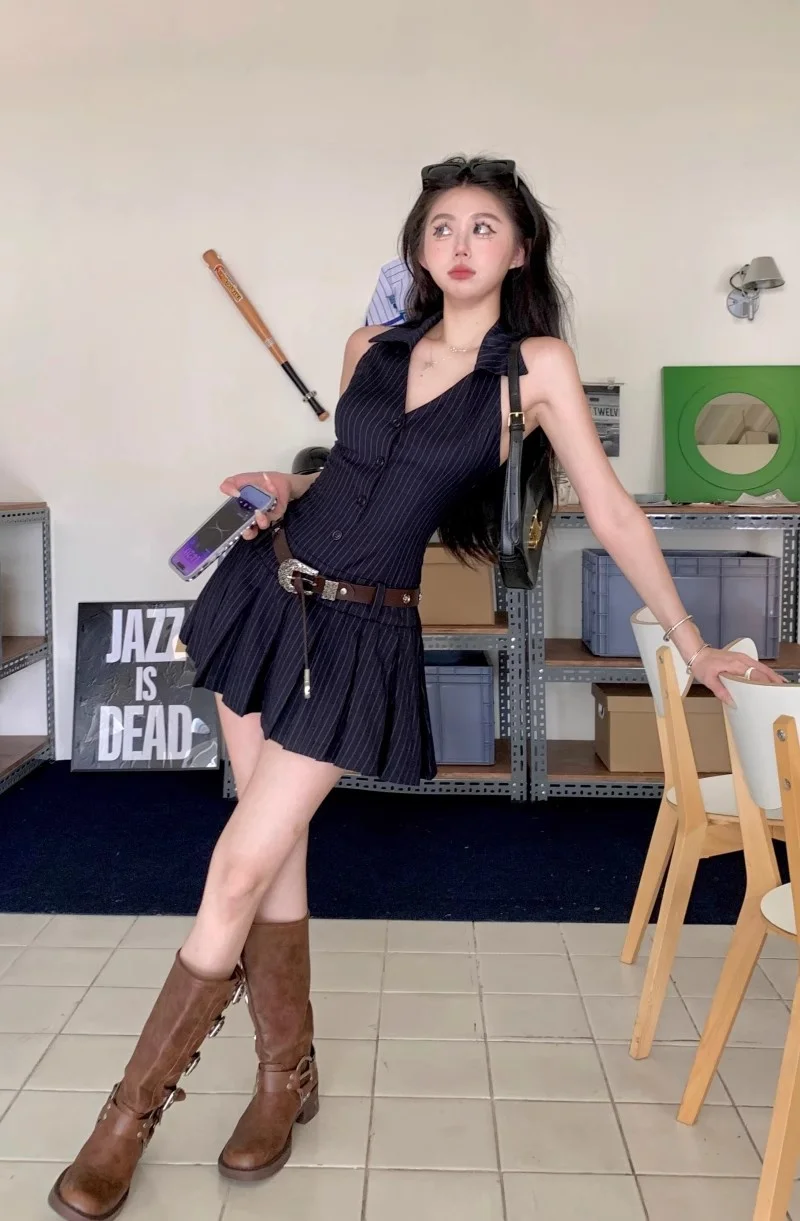 فستان مخطط برقبة على شكل حرف V على الطراز الفرنسي، مزاج حزام الخصر للأطفال، بدون أكمام على شكل حرف A Pl #3