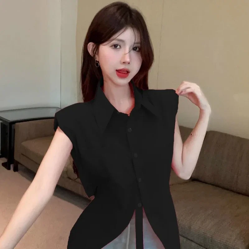 Women Clothing Polo Neck Slim Button Korean Blouse Summer New Short Sleeve Solid Irregular Fashion Shirt Tops Temperament Trend