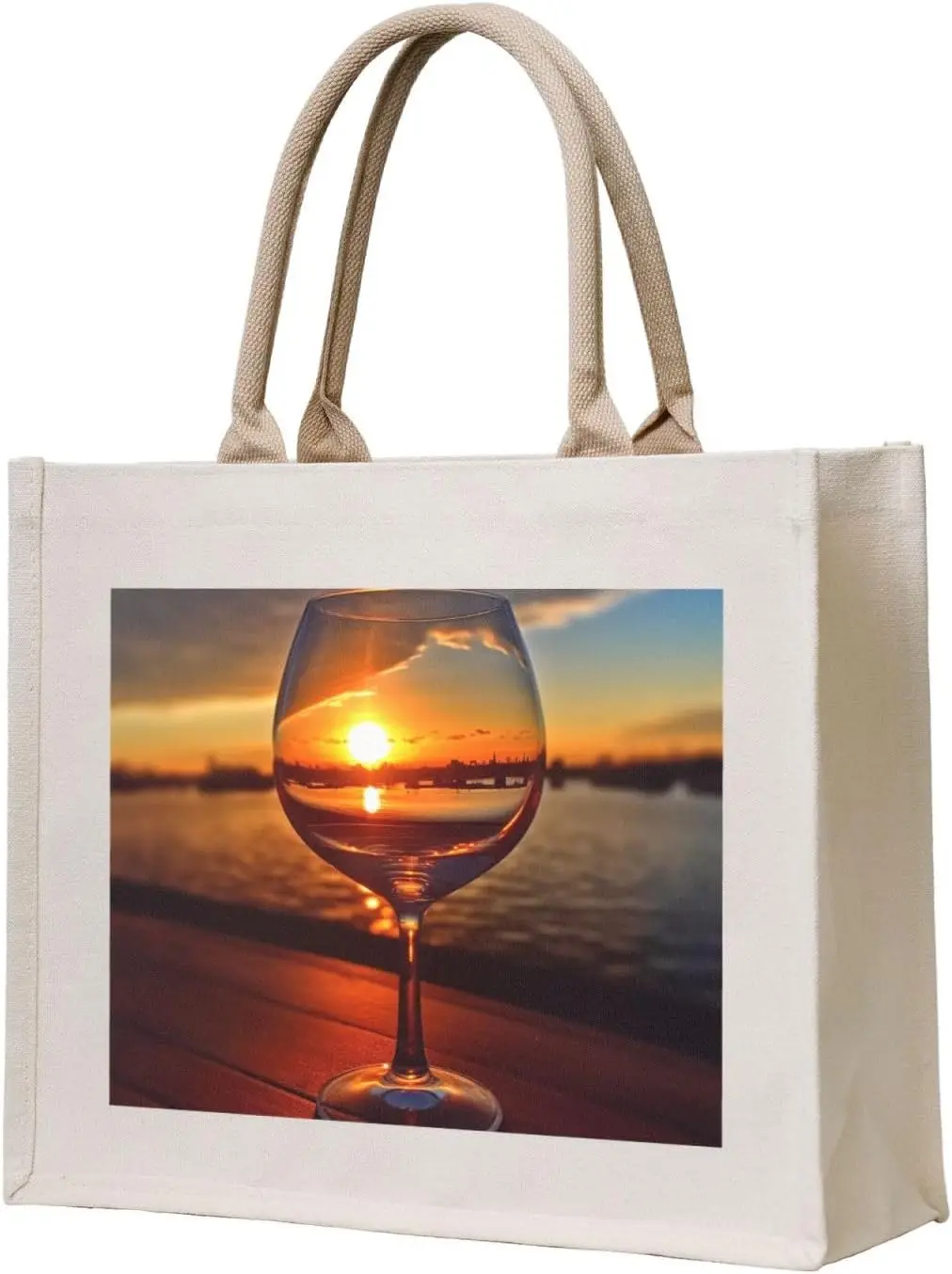 Copa de vino al atardecer, bolso de mano de lona impreso, bolso de moda, bolso de compras de hombro