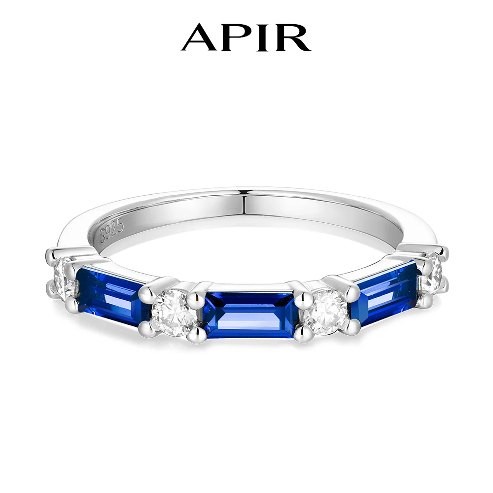 APIR Baguette Cut Sapphire & Moissanite Half Eternity Ring for Women Stackable 925 Sterling Silver Rings Wedding Promise Jewelry