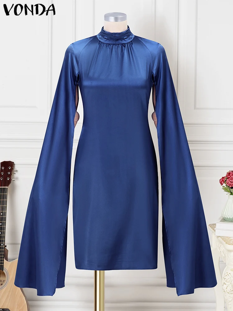 

Plus Size 5XL VONDA Women Elegant Office Lady Dress 2025 Sexy Tight Mid-Calf Party Sundress Satin Silk Vestidos Stand Neck Robe
