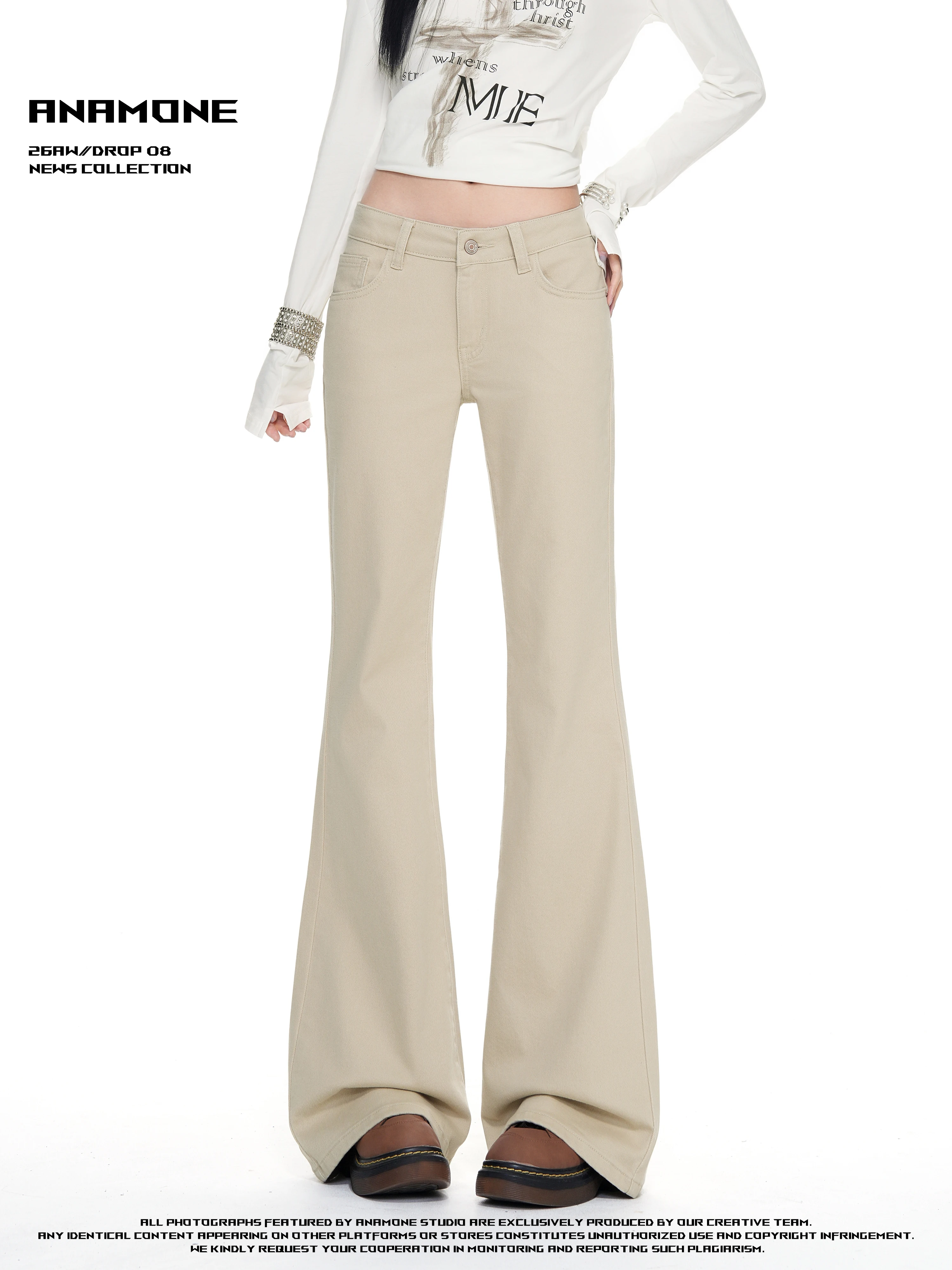 ANAMONE Khaki Embroidered Pocket Design Flared Jeans Women's Slimming Elastic Denim Long Trousers Casual Low Waist Jeans