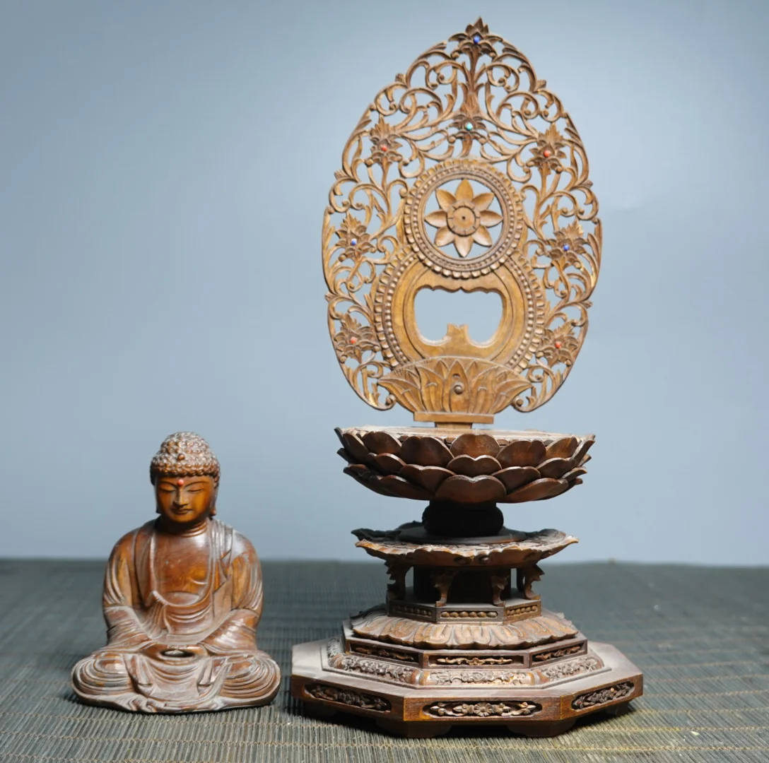 Old Boxwood Northern Wei Buddha Amitabha Shakyamuni Backlit Lotus Buddha Terrace Study desktop Amass wealth Ornaments