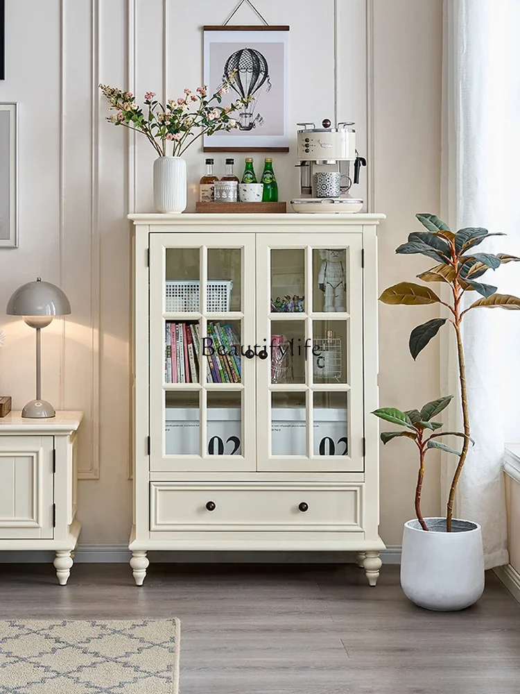 

01 American Cream Style All Solid Wood Wine Cabinet White Minimalist Living Room Wall-Mounted Glass Door Storage Cabinet