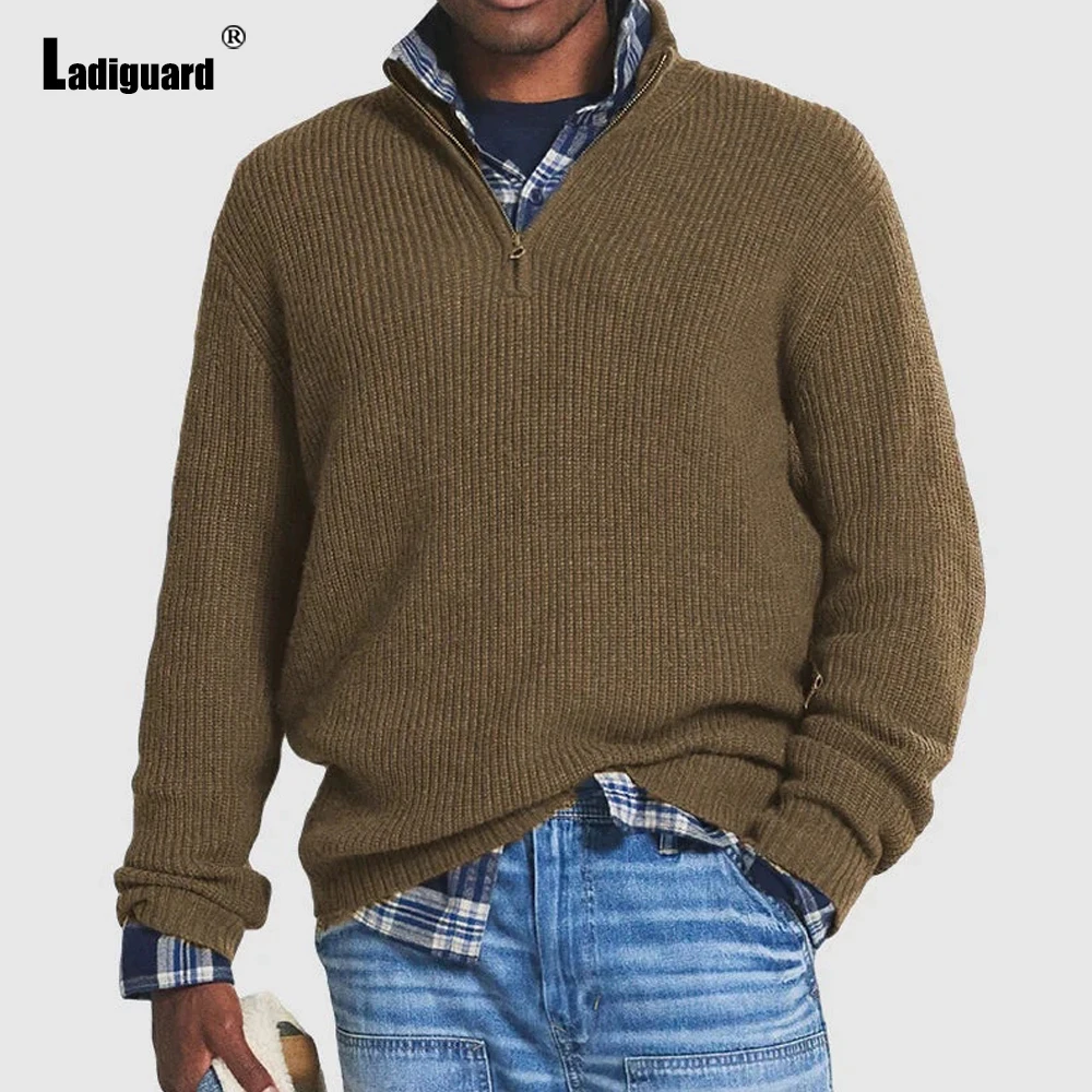 

Plus Size Mens Casual Knitted Sweaters European Style 2026 New Autumn Classic Basic Jumpers Men Slim Comfy Pullovers Coffee Blue