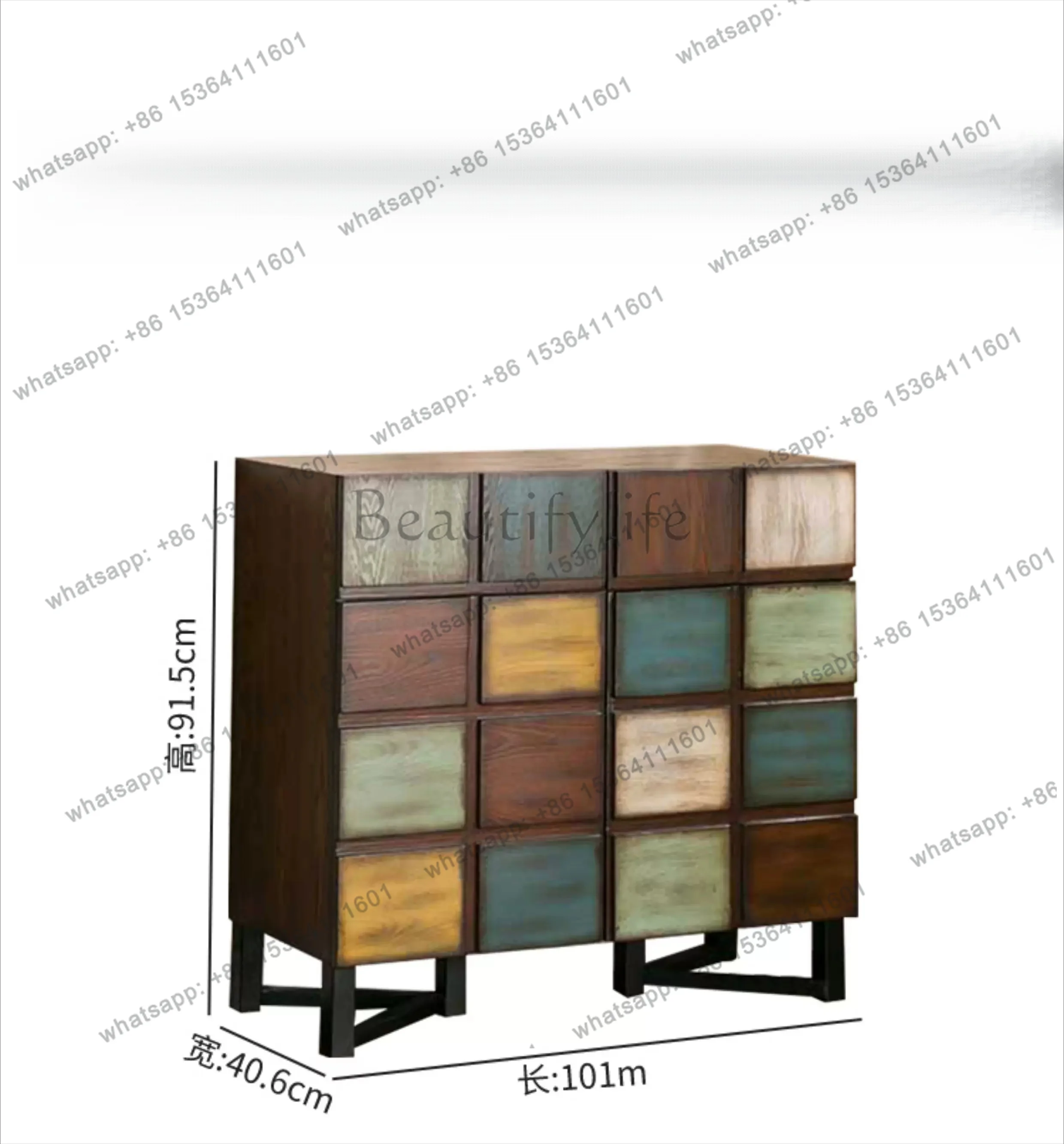 American rural color block contrast color hand-painted painted solid wood entrance cabinet  figure floor display cabinet