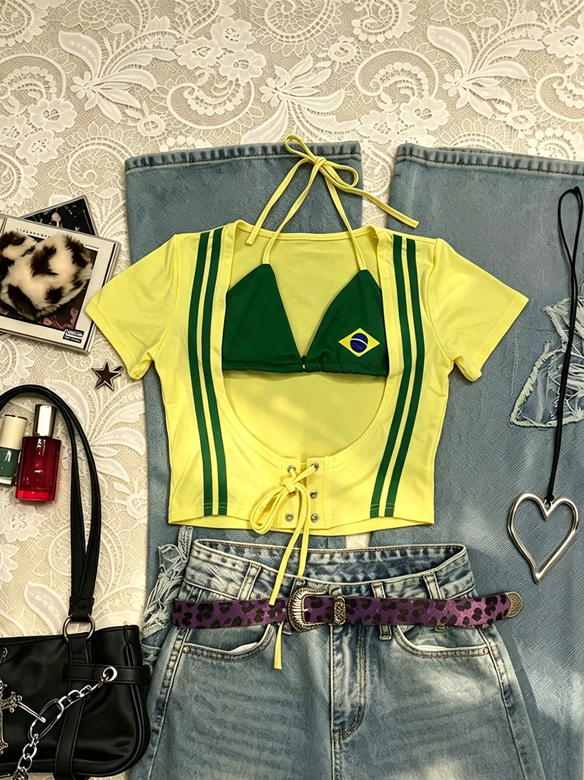 Y2K Women Brazil Flag 2 Piece Outfit Halter Triangle Bikini Top Striped Lace Up Backless Short Sleeve Crop Cover Up Top Set