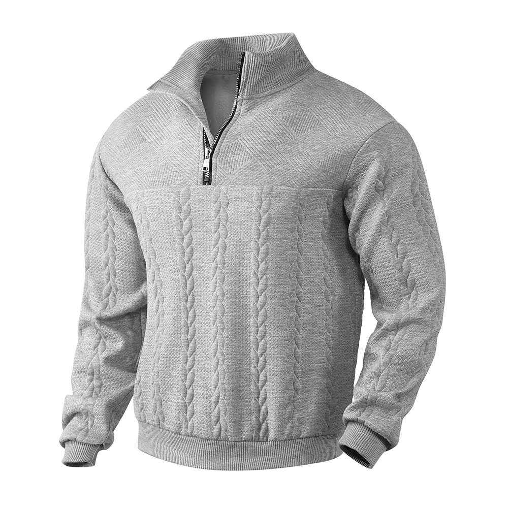 Men\'s casual Henry collar sweater long sleeve knitted stand collar top zipper solid color hoodie pattern fashion men\'s wear