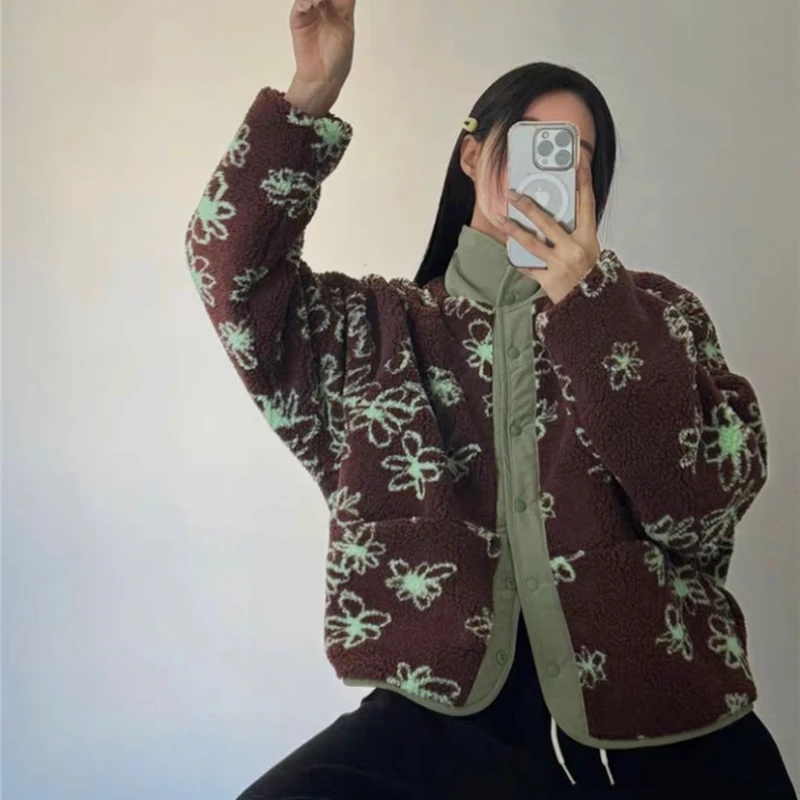 

Винтажные парки с цветочным принтом, куртки из искусственной овечьей шерсти, женская одежда, уличная одежда, повседневная верхняя одежда, модное повседневное утепленное пальто Y2l, топы