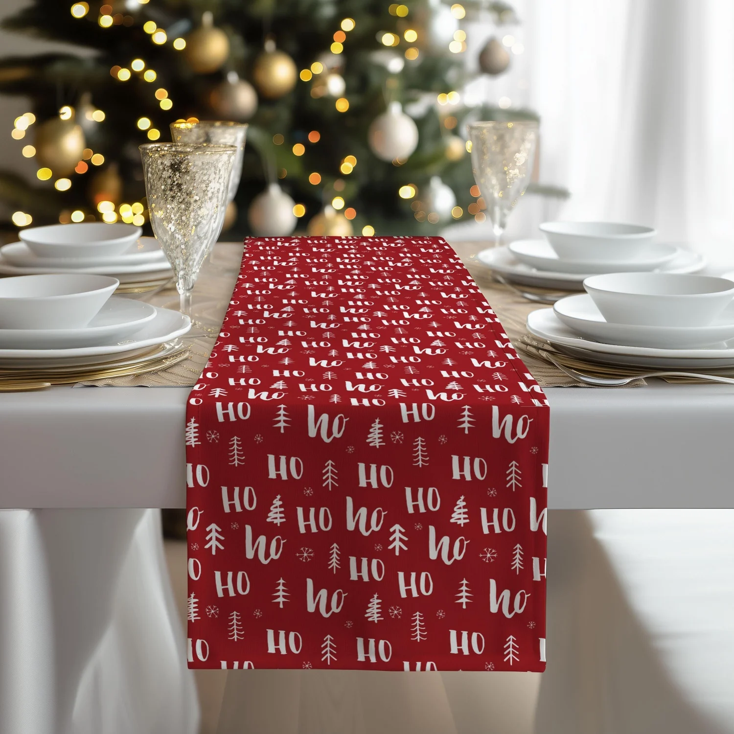 Festlicher Weihnachts-Tischläufer „Ho Ho Ho“ – moderne Feiertags-Essdekoration in kräftigen Farben