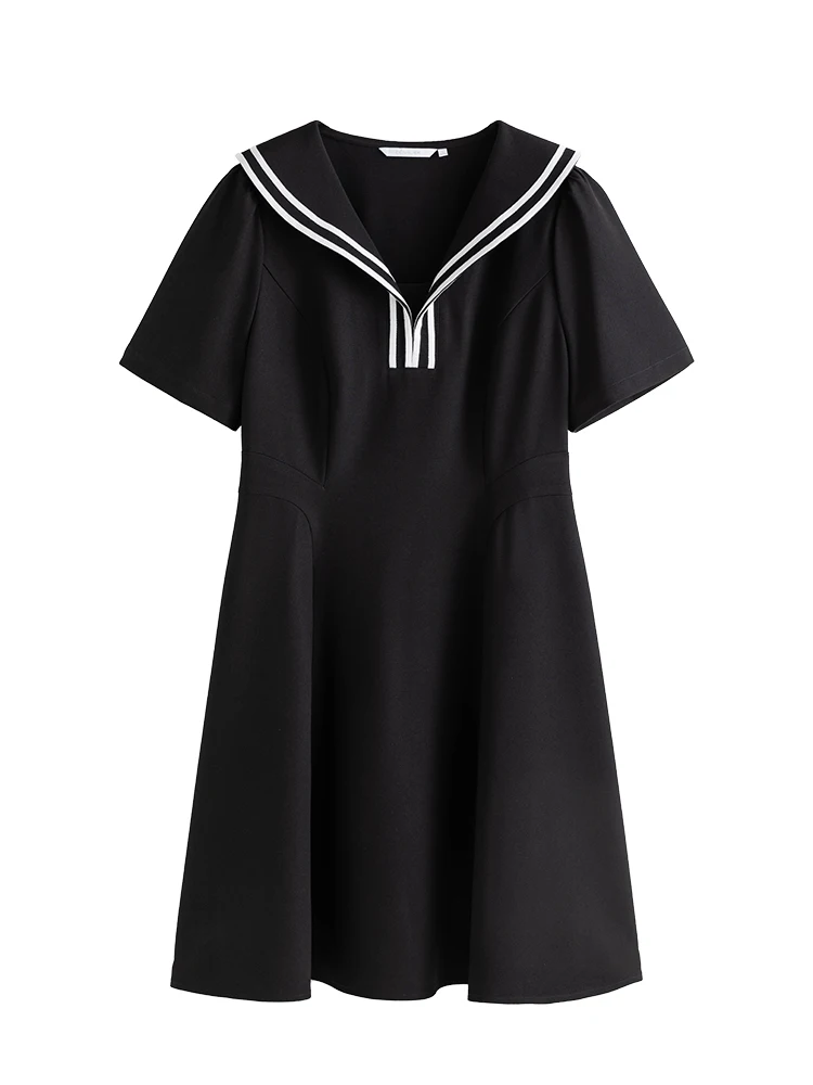 DUSHU Commuting Retro Navy Collar Preppy Dress for Female Summer Slimming Simple High Waist A-Line Little Black Dress for Women