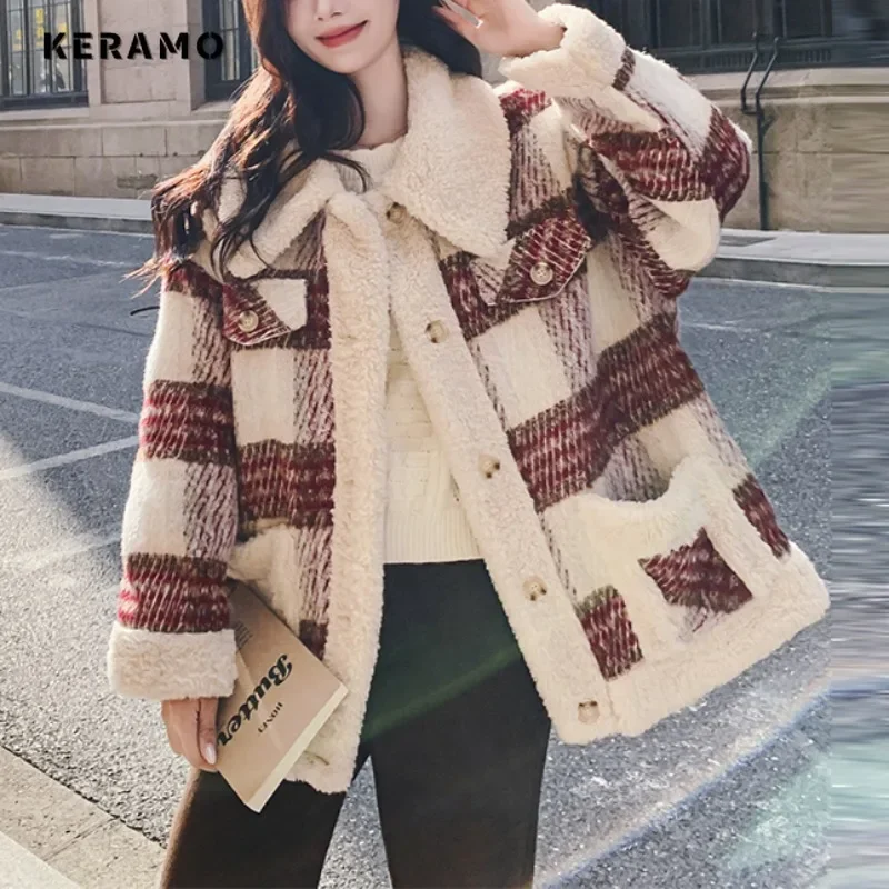 2024 Winter Korean Vintage Style Lady Single Breasted Plaid Patchwork Jacket For Women Outerwear Casual Fashion Loose Warm Coat