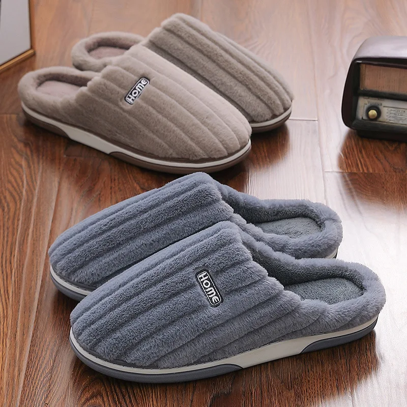 Big Size 48 49 Men Home Slippers Winter Warm Plush Women Soft Furry Shoes Couples Casual Bedroom Thick Sole Non-Slip Slides