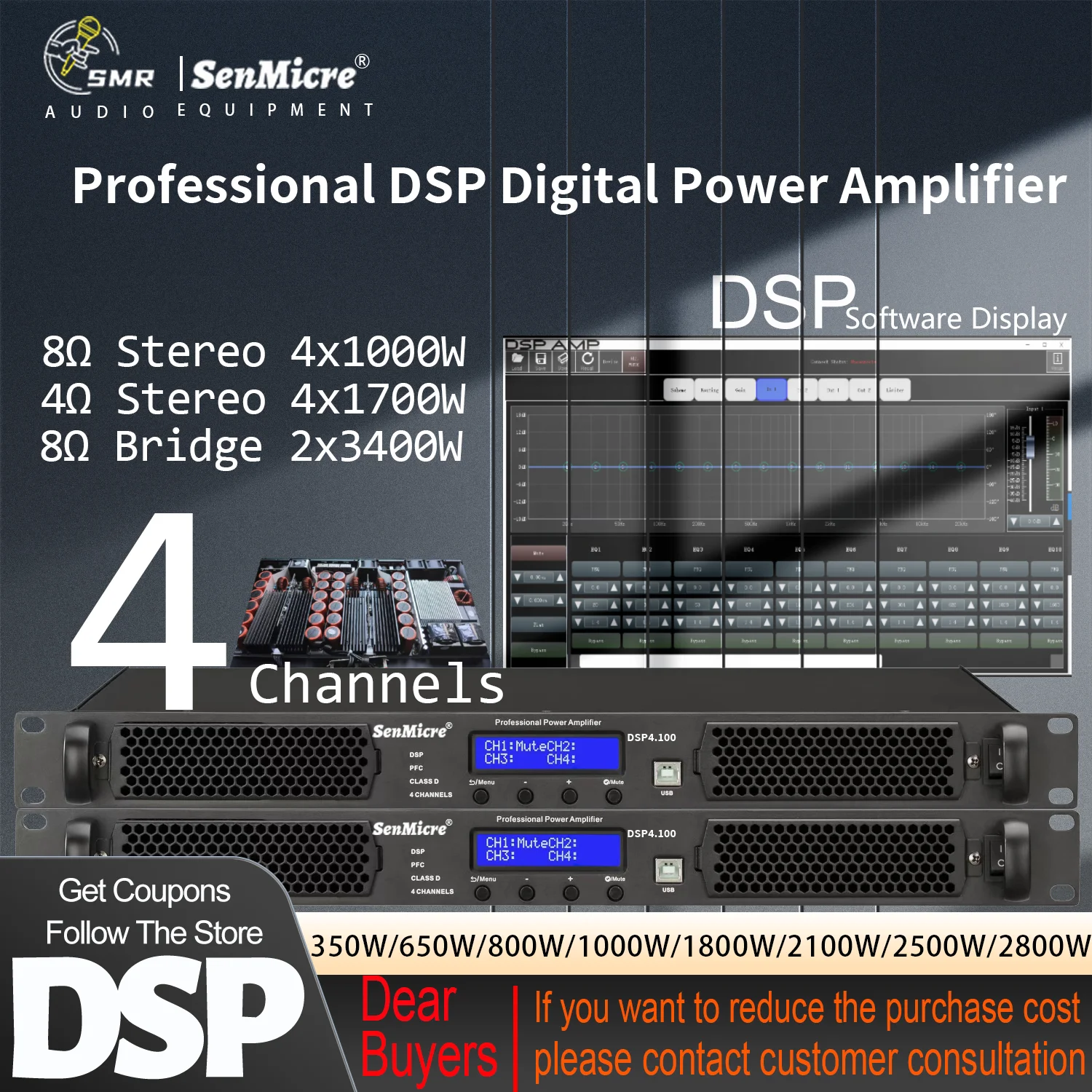 SenMicre Professional Digital DSP Power Amplifier 4x1000W 8OHM 4CH Sound Amplifier Processor DJ Subwoofer Line Array Speaker