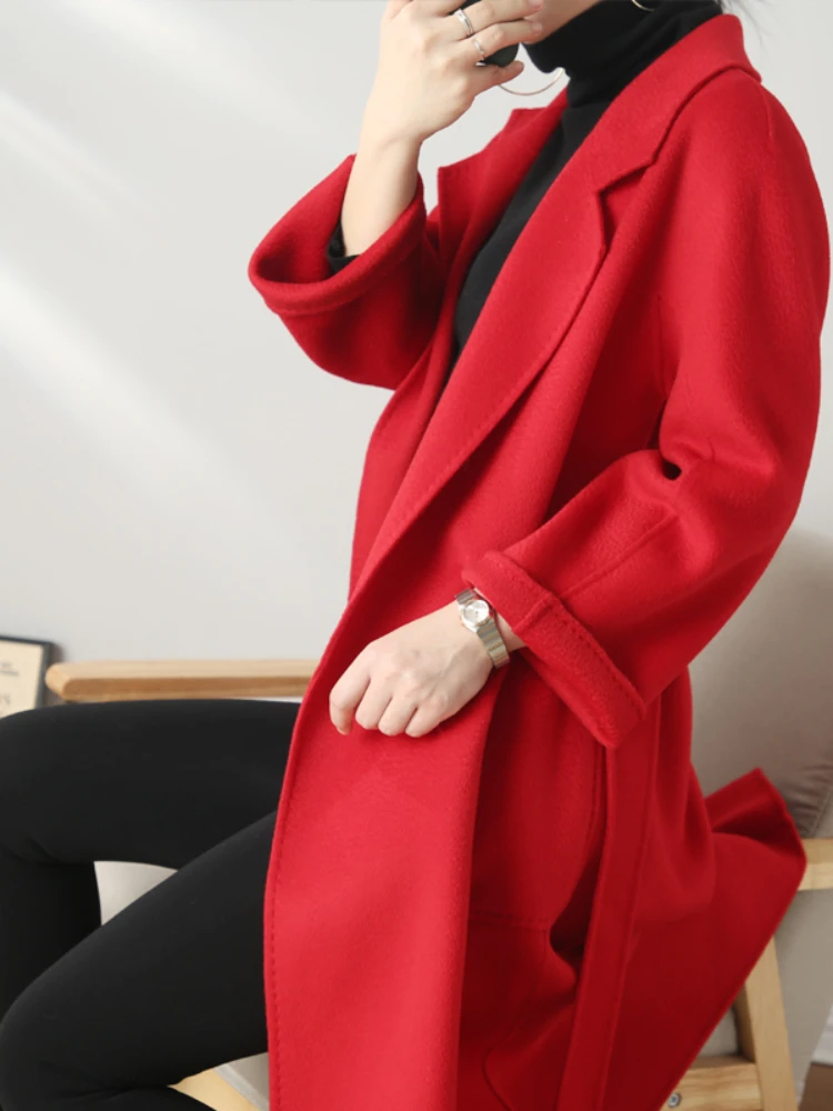 Casual Big Size Solid Water Ripple Wool Women Long Loose Double-sided Cashmere Coat Lapel Belt Warm Jacket Fashion Spring Autumn