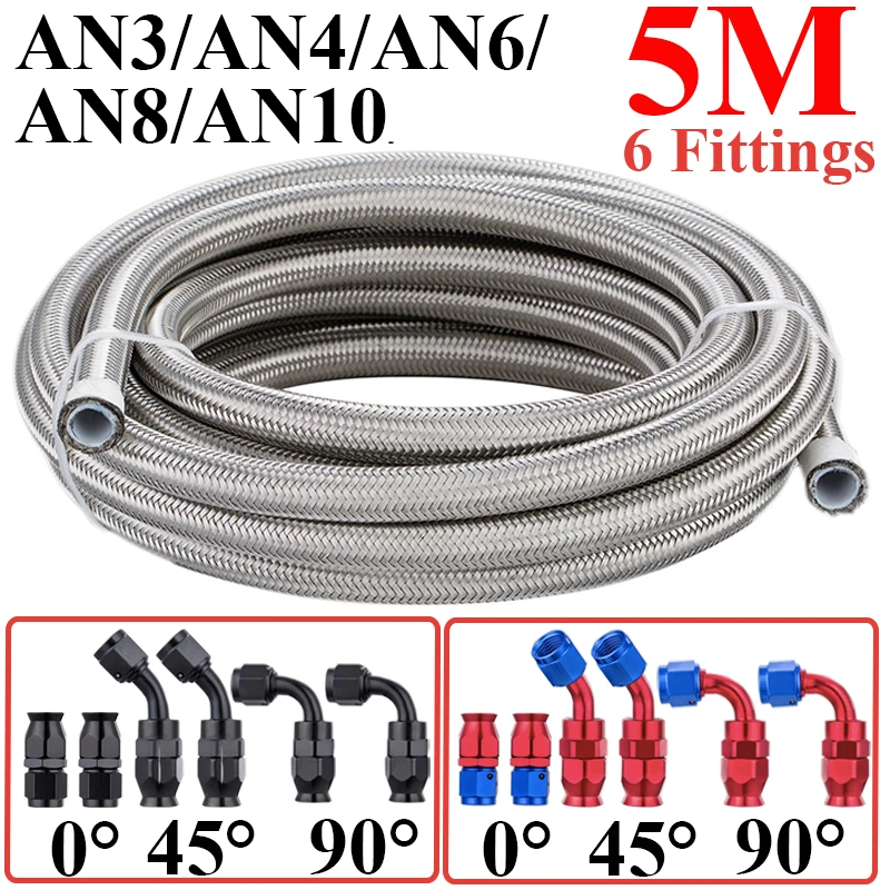 

5M AN3 AN4 AN6 AN8 10 E85 Stainless Steel PTFE Fuel Hose Oil Gas Cooler Line Pipe Tube 2x0° 2x45° 2x90° Swivel Hose End Fitting