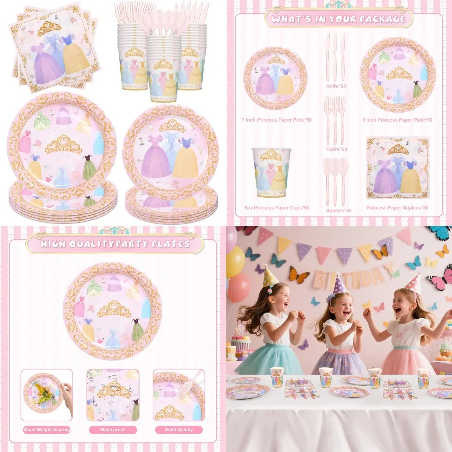 

350PCS Princess Themed Birthday Party Decorations Set with Pink Dinnerware Disposable Plates Cups Utensils and Napkins for Serv