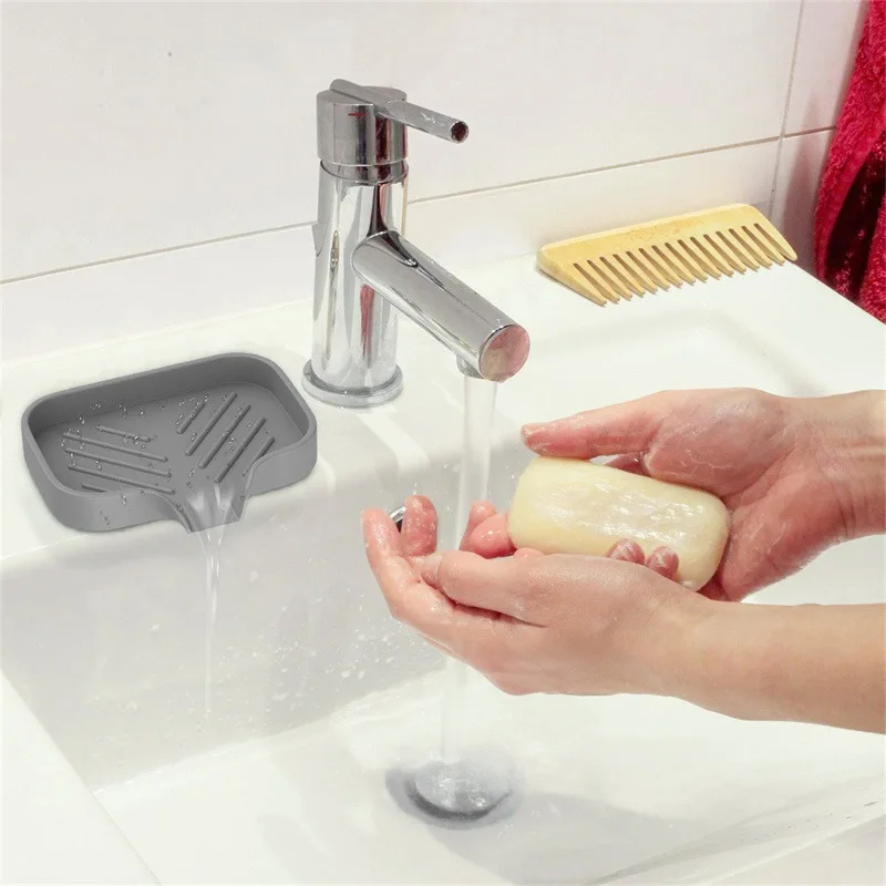 Self Draining Soap Bar Holder Silicone Kitchen Sink Soap Dish Sponge Tray Counter Caddy Organizer for Dish Soap Dispenser