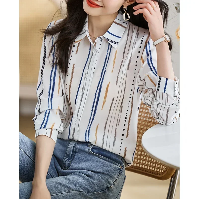 

Chiffon Women Shirt Autumn Women Clothing Stripe Women's Tops Casual Blouse Women Basic Button Up Shirt OL Fashion Woman Blouse