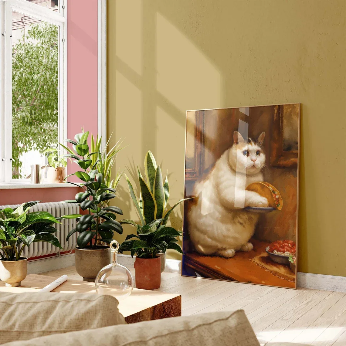 Fat Cat with Tacos Vintage Painting Altered Art Funny Cat Poster Body Positive Poster Cat Lover Gift Alter Art Eclectic Wall Art