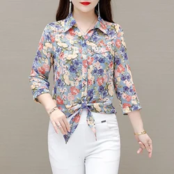 Vintage Floral Print Sweet Lace Up Elegant Button Up Shirt 2023 Spring Summer Korean Fashion Casual Slim Top Blouse Women Blusas