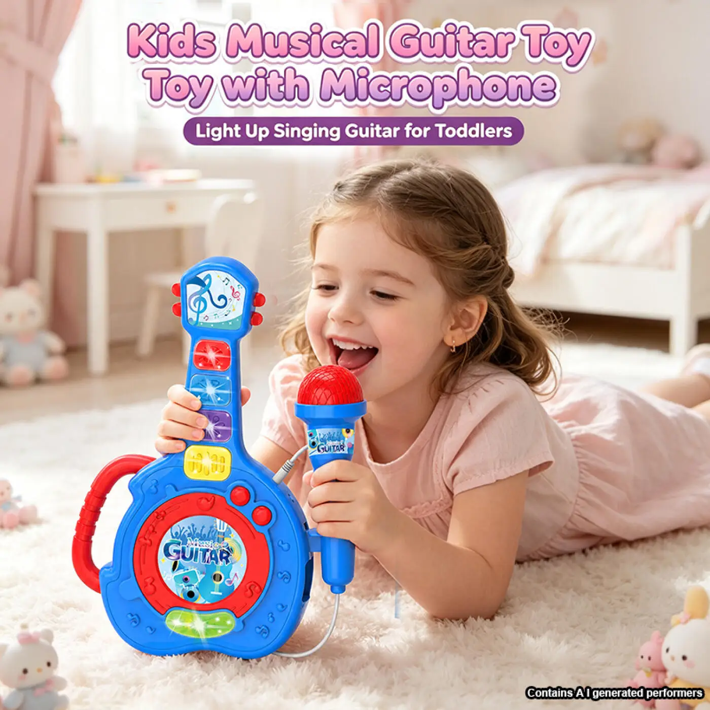 Kids Electric Guitar with Microphone Multifunctional Karaoke Machine Musical Instrument Educational Toy Boy Girl Birthday Gifts