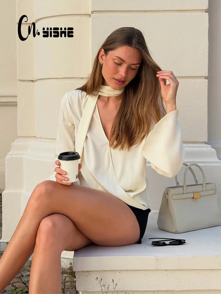 

CNYISHE Chiffon V Neck Solid Scarf Women Tops Fashion Sheath Elegant Long Sleeve Offiacial Lady Sexy Club Casual Female T-shirts