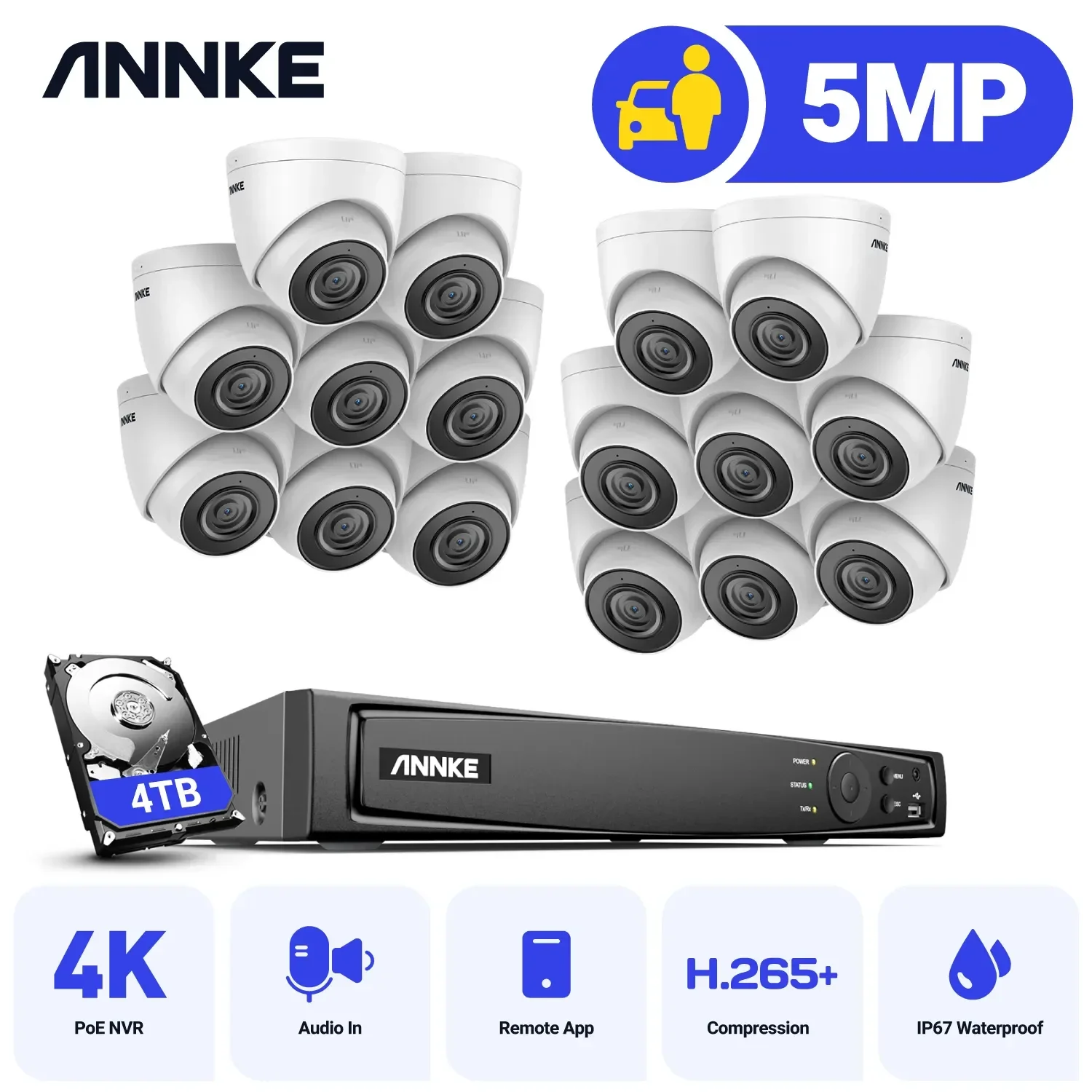 ANNKE 5MP H.265+ 16CH PoE Network Video Security System 16X IP67 Waterproof Outdoor POE IP Cameras Plug & Play PoE Camera Kit