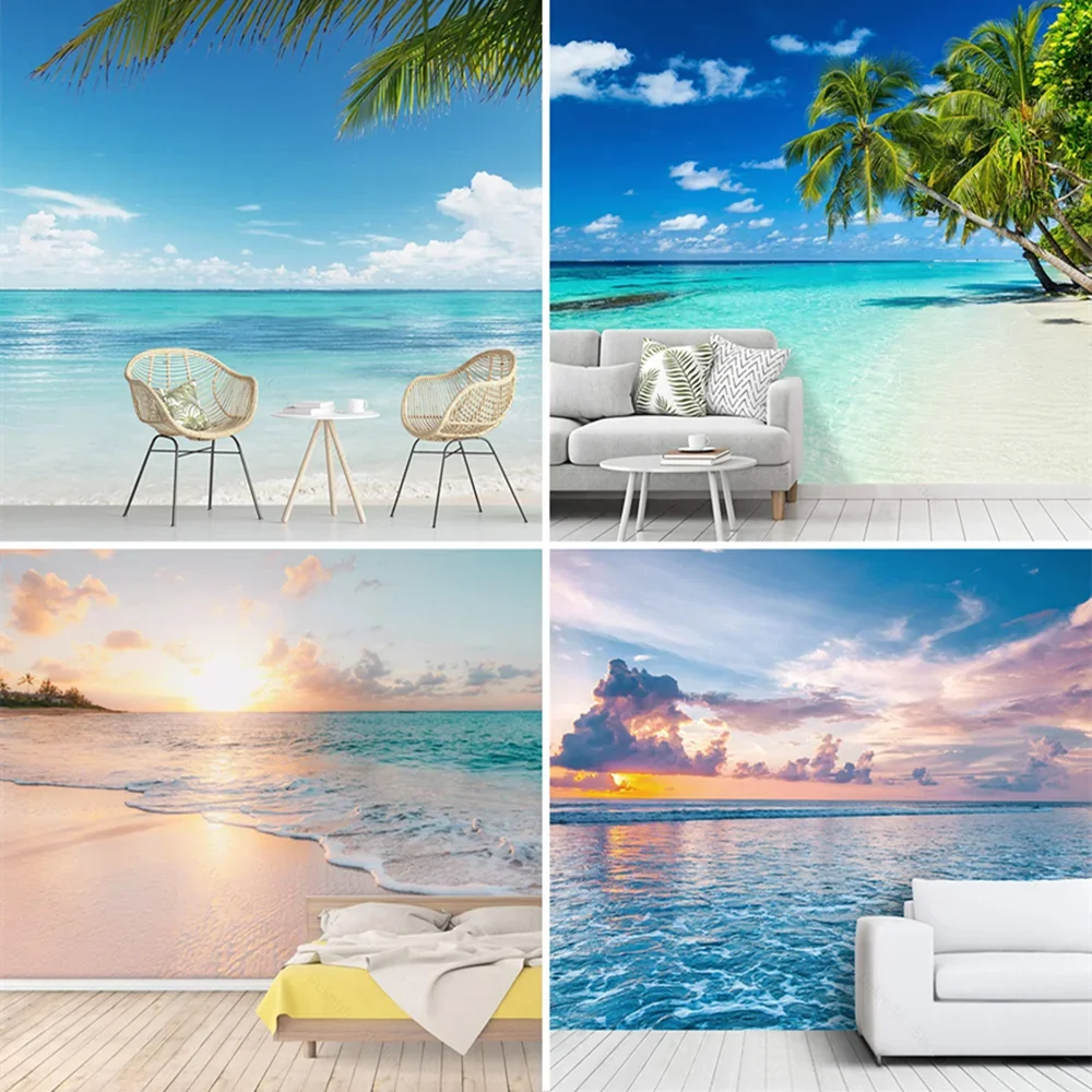 

Beach Blue Sky White Cloud Seagull Ceiling Zenith Mural Custom Palm Tree Large Mural Wallpaper papel de parede para quarto mural