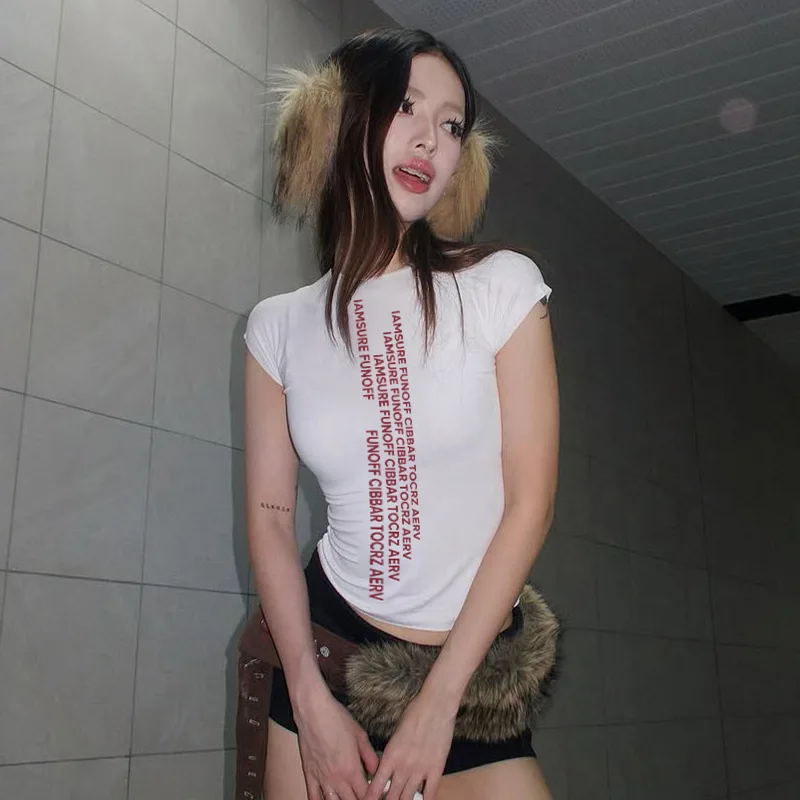 Pure desire personalized exposed navel sexy simple English letter print women's top