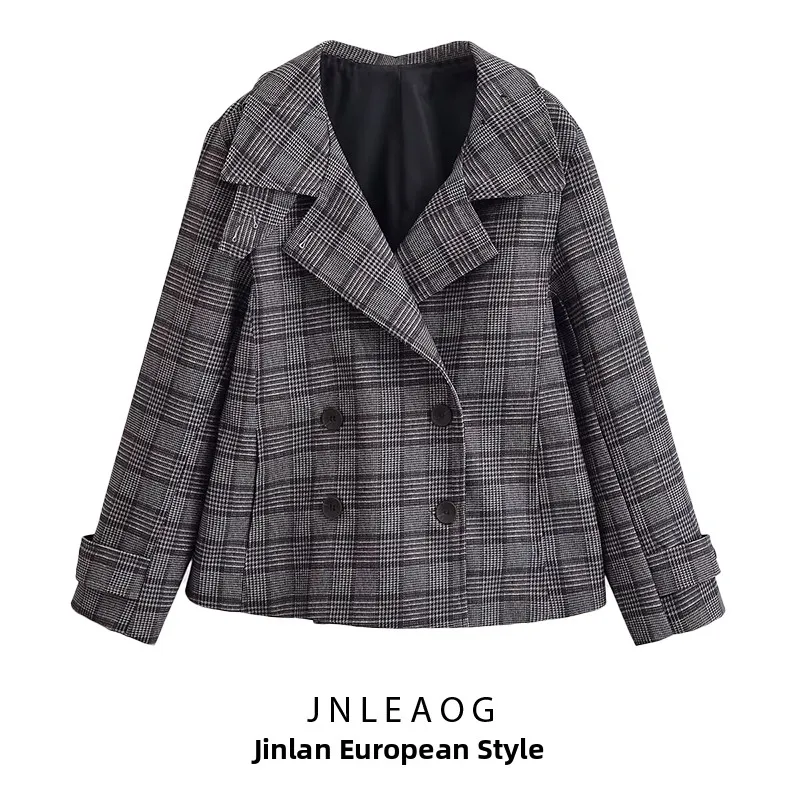 

Faionable Plaid Double-breasted Jaet Women's Autumn New Sle Versatile Outerwear ort Length Button Closure Polyester F...