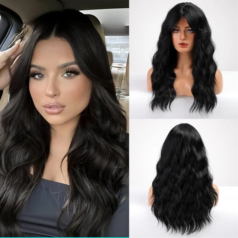 

European American style with black bangs, long wavy synthetic fiber wig for daily and party use