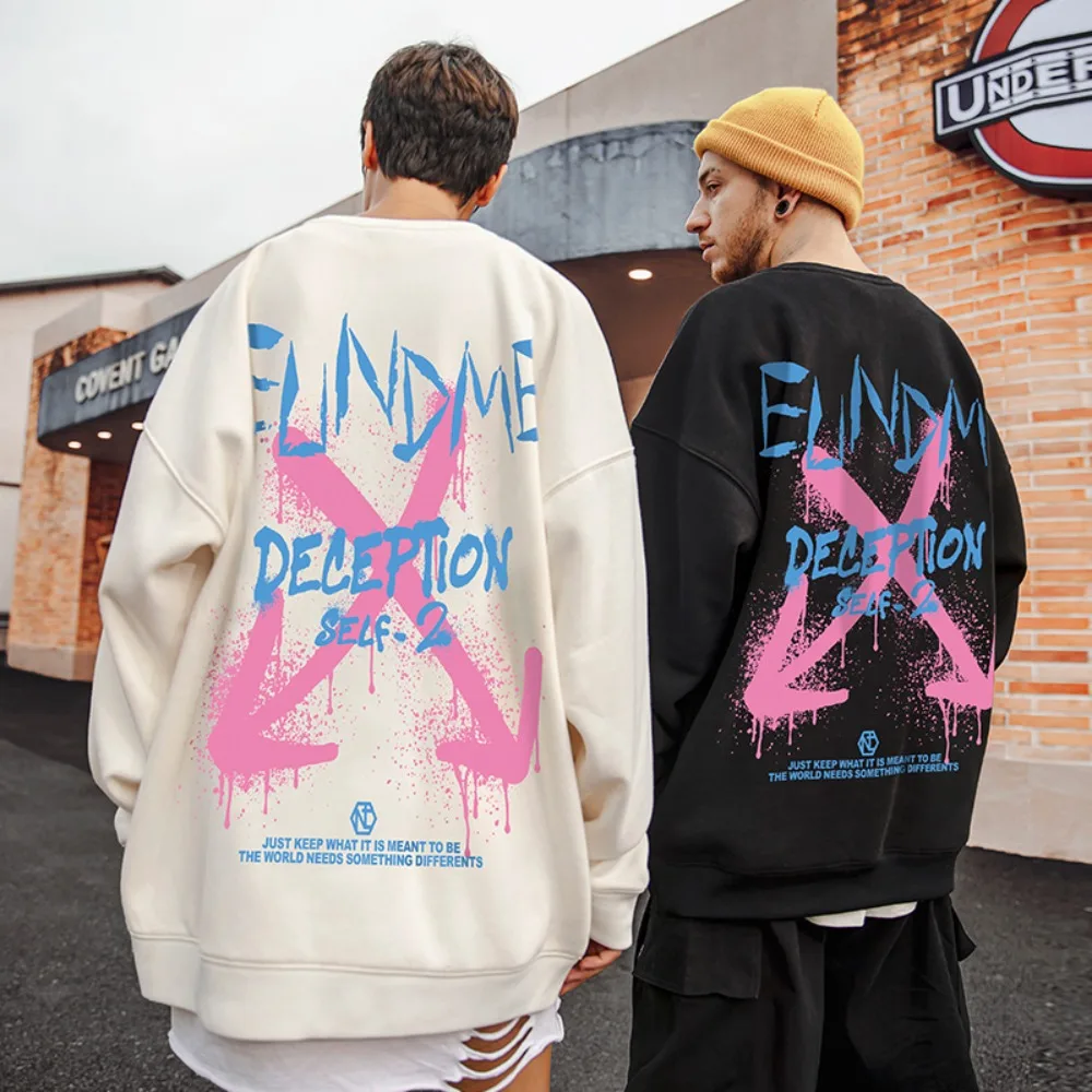

2024 Heavy American Vintage Print Hip Hop Plus Fat Plus Size Hoodie Men's Crewneck Cartoon Loose Red High Street Autumn Winter