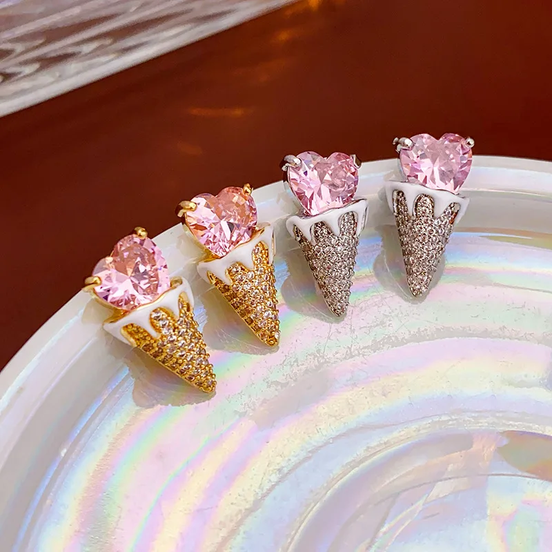 Metal Ice Cream Crystal Dripping Oil Earrings European American Style Personalized Fashion Stud Earrings Ladies Girls Jewelry