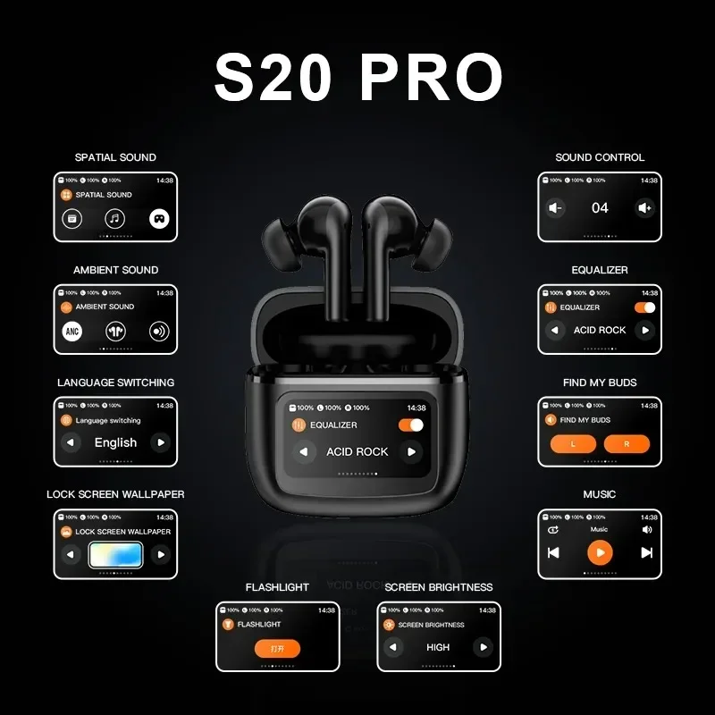 2024 New S20pro Touch Screen ANC Wireless Earphones TWS Bluetoth 5.3 Noise Cancellation Earbuds Support APP and Pop-up Animation