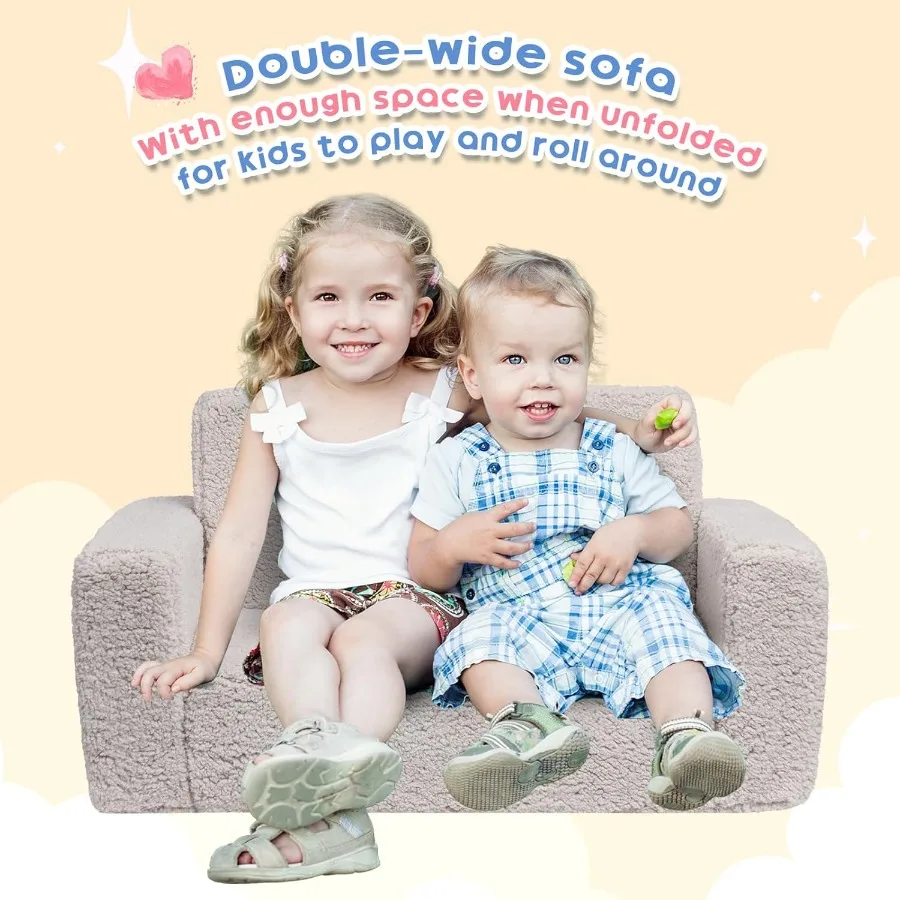 Fold Out Toddler Couch Extra Wide Comfy 2in1 Cuddly Sherpa Sofa for with Removable Baby Friendly Blanket Convertible Sofa to Be