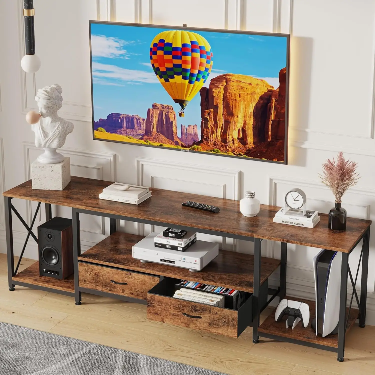 TV Stand with Fabric Drawers for 65-75 Inch TVs, Entertainment Center with Open Shelves in Rustic Brown - 63 Inches