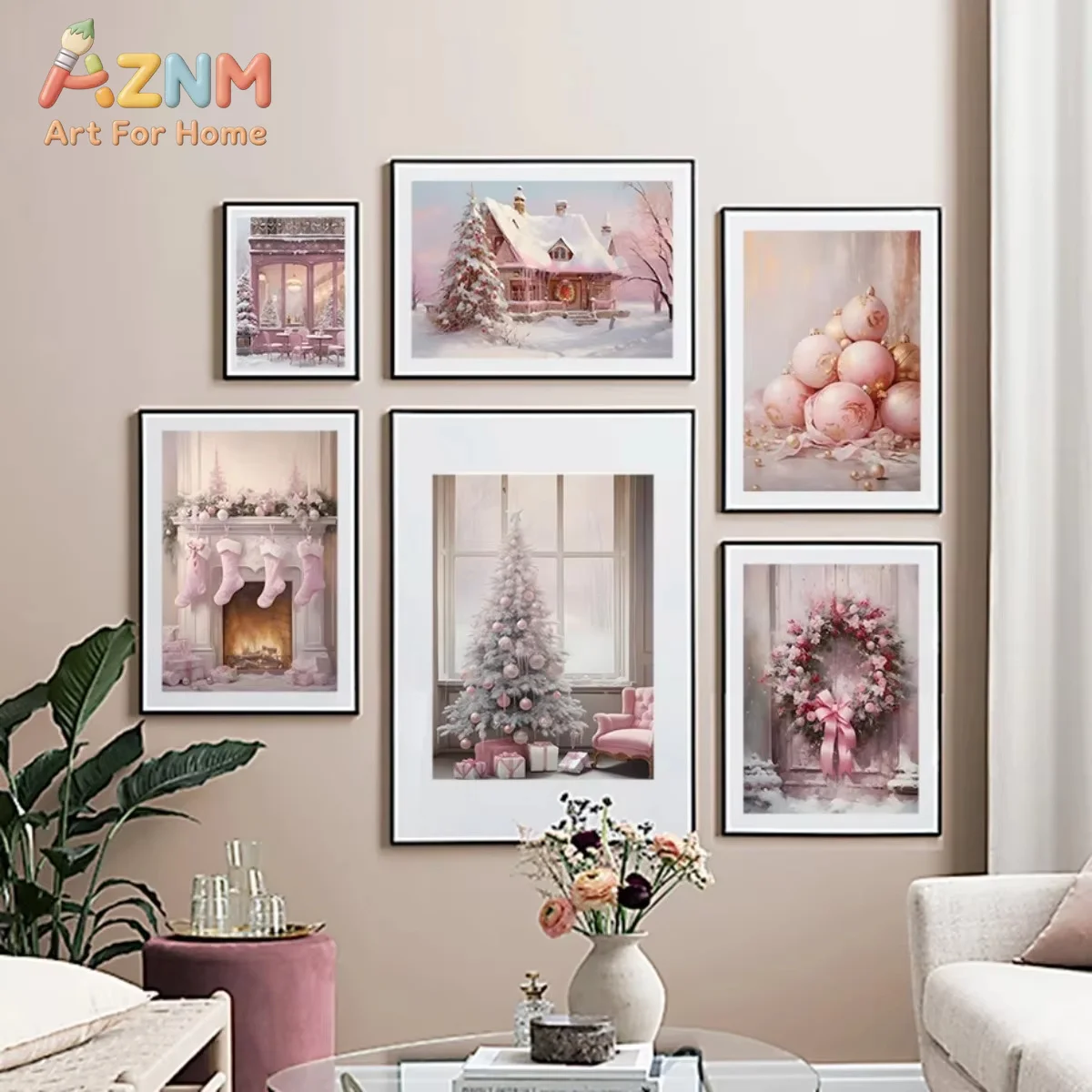Pink Christmas Tree Pink Snow House Crystal Ball Balloon Skating Fashion Wall Art Canvas Painting Nordic Poster Room Decor