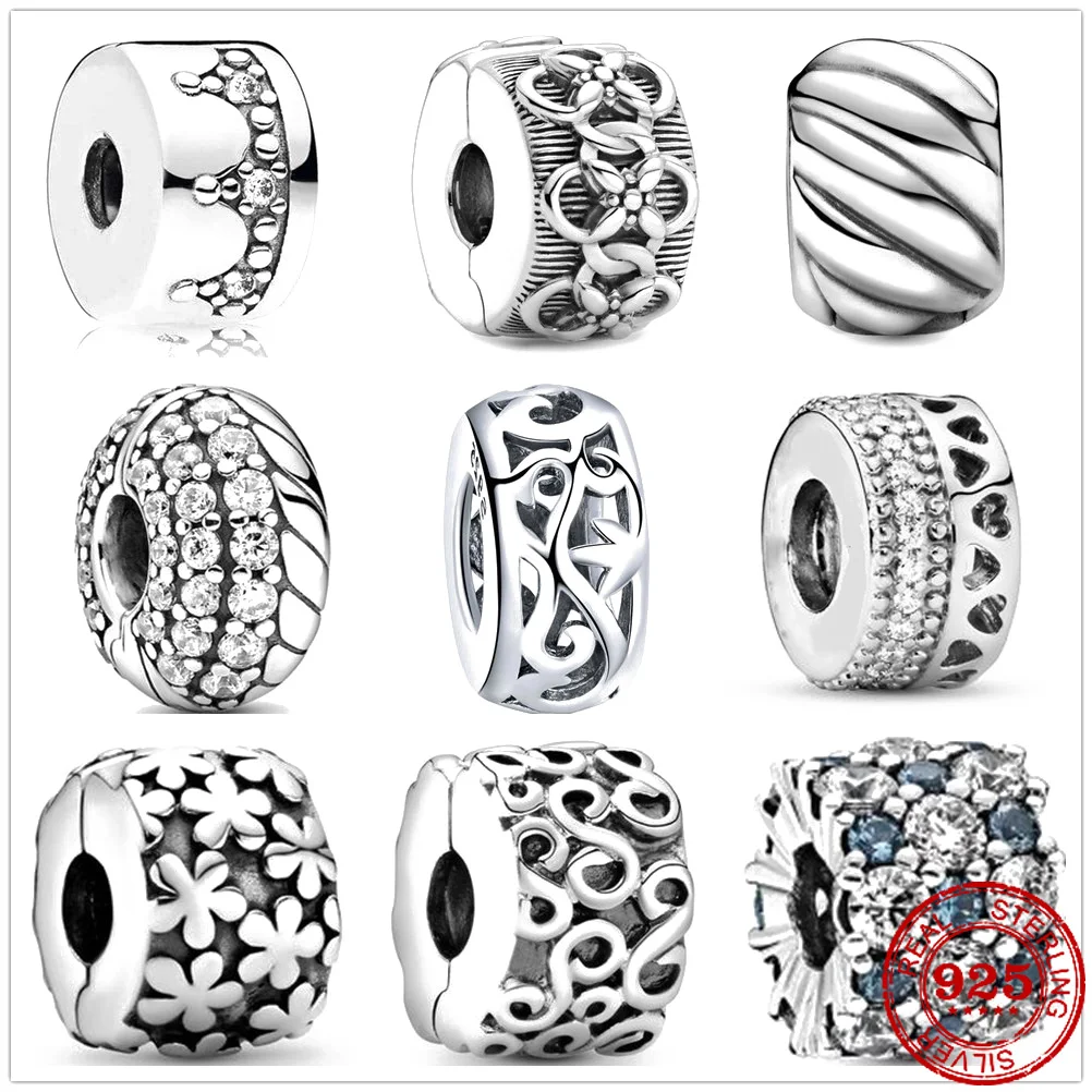 

New 925 Sterling Silver Polished Feathered Flower Pattern Clip Charms DIY fine beads Fit Original Pandora Charm Bracelet Jewelry