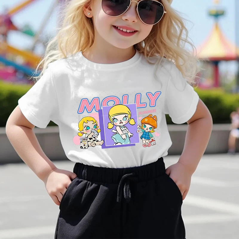 

Molly Kawaii Cartoon Printed Cotton T-Shirt for Kids Pop Mart Figurine Molly Girl Outfits Gifts Fashion Casual Crew Neck Tops