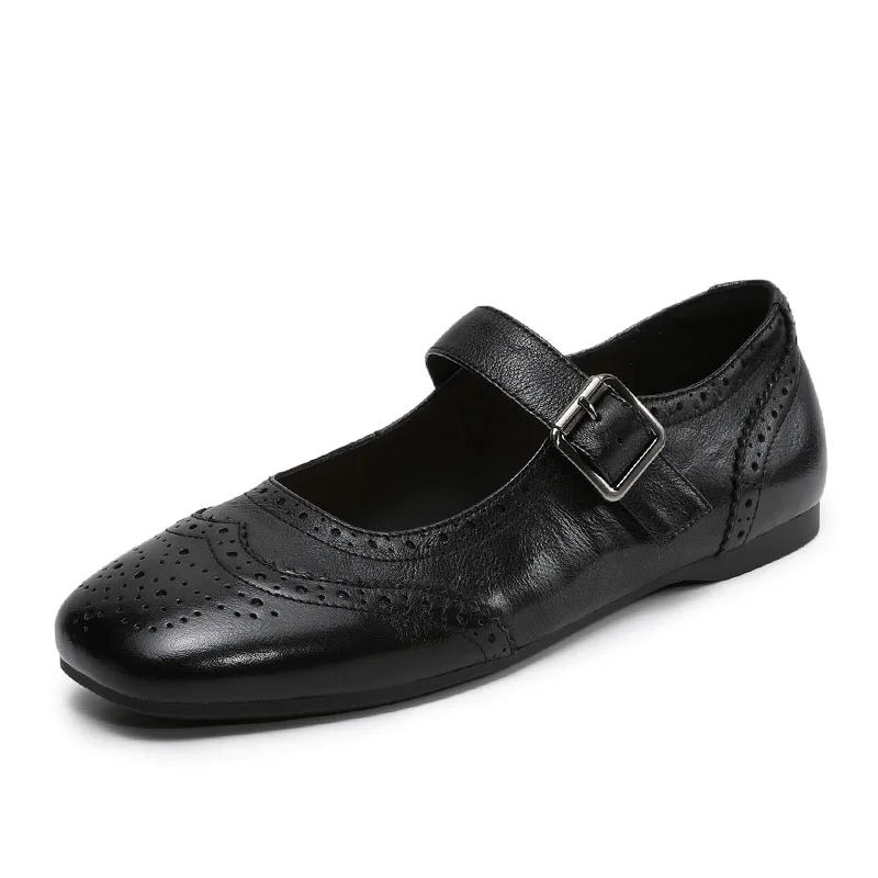 DRKANOL Spring Summer Women Flat Shoes Luxury Design Genuine Cow Leather Shallow Square Toe Literary Style Casual Mules Shoes