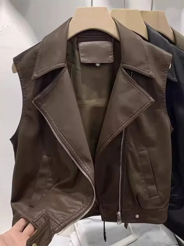 Café Brown PU Leather Short Sleeveless Jacket Women's Fashionable Spring Autumn New Style Vest No Collar Zipper Closure ...