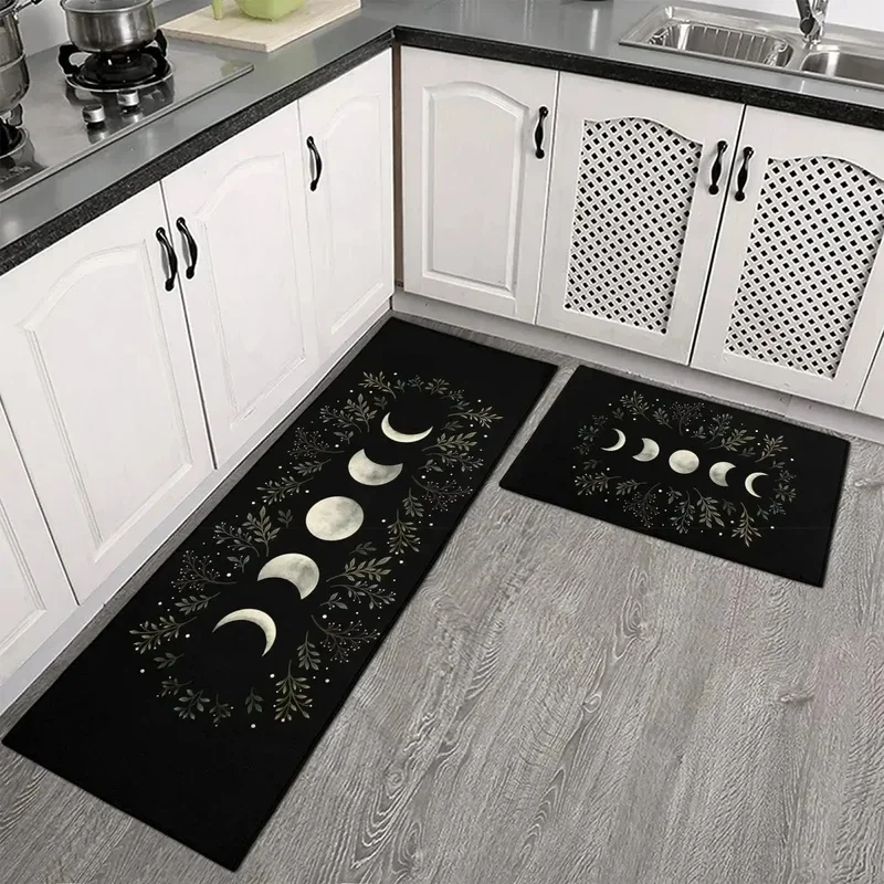 VIKAMA Witchy Floral Moon Cycle Long Carpet Minimalist Dark Botanical Pattern Waterproof Easy Clean Kitchen Decor Mat
